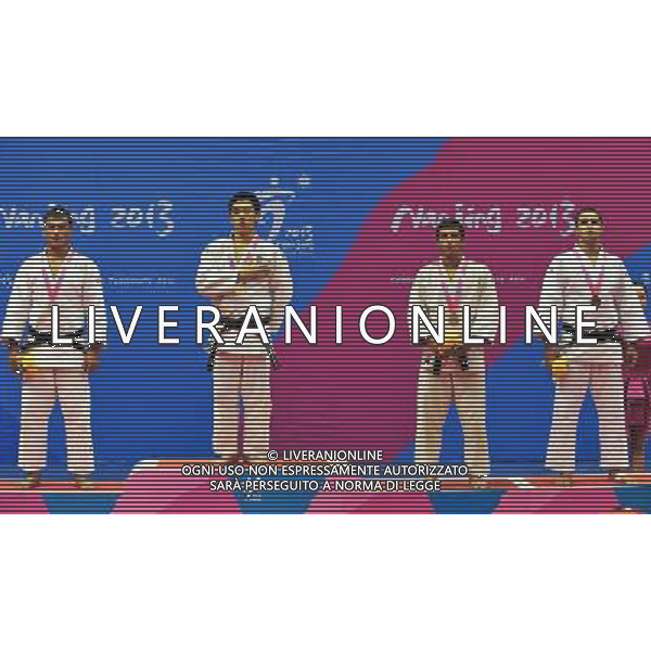 (130819)-- NANJING, Aug. 19 -- Silver medalist Uzbekistan\'s Mirzayorov Mukhriddin£ågold medalist South Korea\'s An Jaesang£åbronze medalist Iran\'s Nik Eghbal Iman and Tajikistan\'s Farukhi(From L to R) attend the awarding ceremony after the Final of Boys-81kg Judo Match at 2013 Asian Youth Games in Nanjing, capital city of east China\'s Jiangsu Province, on Aug. 19, 2013. South Korea\'s An Jaesang won gold medal.Uzbekistan\'s Mirzayorov Mukhriddin won silver medal.Iran\'s Nik Eghbal Iman and Tajikistan\'s Farukhi the third.(/Li Xiang) ©photoshot/AGENZIA ALDO LIVERANI SAS - ITALY ONLY - Giochi della Gioventu\' 2013 asiatici a Nanjing capitale della Cina orientale nella provincia del Jiangsu, agosto 2013.