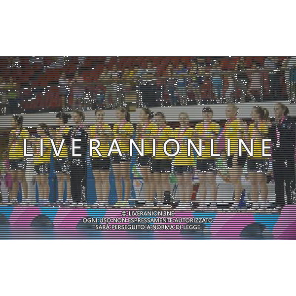 (130823)--NANJING, Aug. 23, 2013()--Silver medalists Kazakhstan\'s players attend the awarding ceremony of women\'s handball single round match at 2013 Asian Youth Games in Nanjing, capital of east China\'s Jiangsu Province, Aug. 23, 2013. South Korea won the gold medal, Kazakhstan got the silver medal and China took the bronze medal. (/Shen Peng) ©photoshot/AGENZIA ALDO LIVERANI SAS - ITALY ONLY - Giochi della Gioventu\' 2013 asiatici a Nanjing capitale della Cina orientale nella provincia del Jiangsu, agosto 2013.