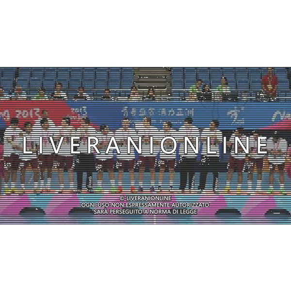 (130823)--NANJING, Aug. 23, 2013()--Gold medalists Qatar\'s players attend the awarding ceremony of Men\'s Handball Medal Matches at 2013 Asian Youth Games in Nanjing, capital of east China\'s Jiangsu Province, Aug. 23, 2013. Qatar won the gold medal, South Korea got the silver medal and Bahrain took the bronze medal. (/Li Mangmang) ©photoshot/AGENZIA ALDO LIVERANI SAS - ITALY ONLY - Giochi della Gioventu\' 2013 asiatici a Nanjing capitale della Cina orientale nella provincia del Jiangsu, agosto 2013.