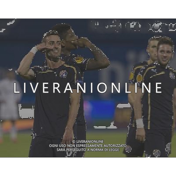 (130920) -- ZAGREB, Sept. 20, 2013 () -- Ivo Pinto (1st L) and Junior Fernandes (2nd L) of Dinamo Zagreb celebrate for a goal during UEFA Europa Legue Group B soccer match against Chornomorets Odesa at the Maksimir Stadium in Zagreb, Croatia, Sept. 19, 2013. Chornomorets Odesa won 2-1. (/Miso Lisanin) ©photoshot/AGENZIA ALDO LIVERANI SAS - ITALY ONLY - EDITORIAL USE ONLY - Dinamo Zagabria - Chornomorets Odessa UEFA Europa Legue Gruppo B partita di calcio allo stadio Maksimir in Croazia