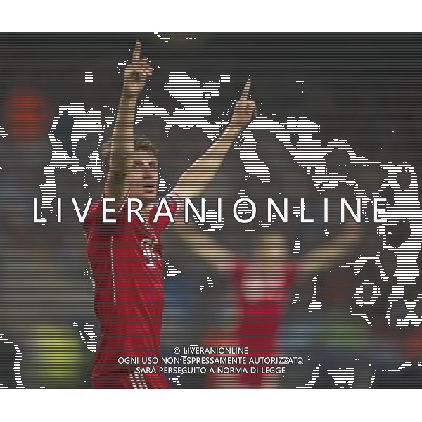 Bayern Munich\'s Thomas Muller celebrates scoring his sides second goal Photo by Stephen White/CameraSport Football - UEFA Champions League Group D - Manchester City v Bayern Munich - Wednesday 2nd October 2013 - Etihad Stadium - Manchester å© CameraSport - 43 Linden Ave. Countesthorpe. Leicester. England. LE8 5PG - Tel: +44 (0) 116 277 4147 - admin@camerasport.com - www.camerasport.com AG ALDO LIVERANI SAS ONLY ITALY