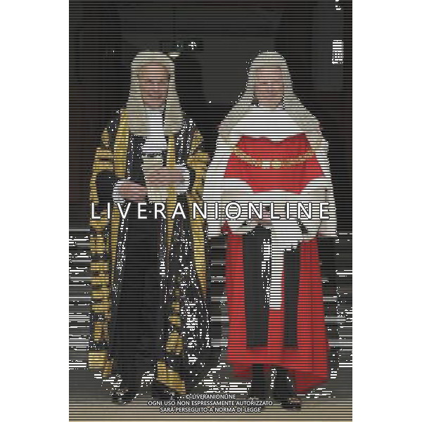 Sir Roger John Laugharne Thomas is sworn in as the new Lord Chief Justice of England and Wales at the Royal Courts of Justice, London, United Kingdom Pictured with him is Lord Dyson, Master of the Rolls (l) ©photoshot/AGENZIA ALDO LIVERANI SAS - ITALY ONLY - EDITORIAL USE ONLY