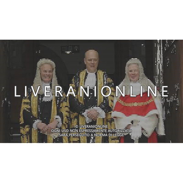 Sir Roger John Laugharne Thomas is sworn in as the new Lord Chief Justice of England and Wales at the Royal Courts of Justice, London, United Kingdom Pictured with him are Lord Chancellor Chris Grayling (c) and Lord Dyson, Master of the Rolls (l) ©photoshot/AGENZIA ALDO LIVERANI SAS - ITALY ONLY - EDITORIAL USE ONLY