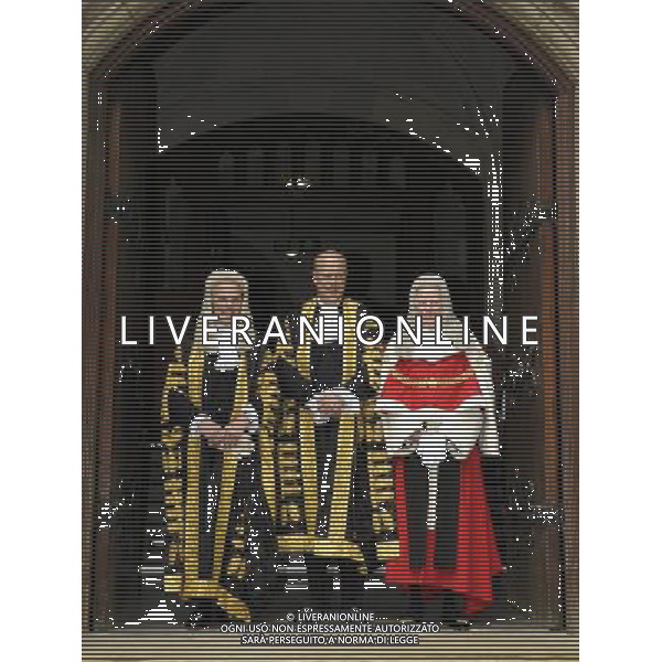 Sir Roger John Laugharne Thomas is sworn in as the new Lord Chief Justice of England and Wales at the Royal Courts of Justice, London, United Kingdom Pictured with him are Lord Chancellor Chris Grayling (c) and Lord Dyson, Master of the Rolls (l) ©photoshot/AGENZIA ALDO LIVERANI SAS - ITALY ONLY - EDITORIAL USE ONLY