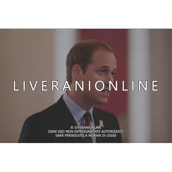 LONDON, ENGLAND - OCTOBER 07: Prince William, Duke of Cambridge, in his role as President of The Football Association, addresses an audience in the Ballroom of Buckingham Palace at an event to honour The FA\'s 150 Grassroots Heroes on October 7, 2013 in London, England. 150 volunteers who work to support grassroots football. were presented with a medal by The Duke of Cambridge and Greg Dyke, the Charmian of the Football Association. To celebrate 150 years of the FA, an official Southern Amateur League fixture football match will take place in the grounds of Buckingham Palace between two of the oldest amateur clubs in England. The match will be played between Civil Service FC, the sole surviving club from the eleven that met to create The FA in 1863, and Polytechnic FC, which was formed in 1875. ©PHOTOSHOT/AGENZIA ALDO LIVERANI SAS - ITALY ONLY - EDITORIAL USE ONLY