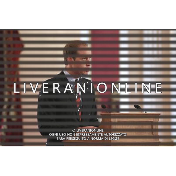 LONDON, ENGLAND - OCTOBER 07: Prince William, Duke of Cambridge, in his role as President of The Football Association, addresses an audience in the Ballroom of Buckingham Palace at an event to honour The FA\'s 150 Grassroots Heroes on October 7, 2013 in London, England. 150 volunteers who work to support grassroots football were presented with a medal by The Duke of Cambridge and Greg Dyke, the Charmian of the Football Association. To celebrate 150 years of the FA, an official Southern Amateur League fixture football match will be played in the grounds of Buckingham Palace between two of the oldest amateur clubs in England. The match will be played between Civil Service FC, the sole surviving club from the eleven that met to create The FA in 1863, and Polytechnic FC, which was formed in 1875 ©PHOTOSHOT/AGENZIA ALDO LIVERANI SAS - ITALY ONLY - EDITORIAL USE ONLY