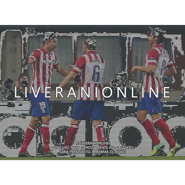 22.10.2013, Ernst Happel Stadion, AUT, UEFA Champions League, FK Austria Wien vs Atletico Madrid, Gruppe G, im Bild Torjubel Costa Diego Da Silva, (Atletico Madrid, #19), Jorge Resurreccion Merodio, (Atletico Madrid, #6) und Raul Garcia Escudero, (Atletico Madrid, #8) // during the UEFA Champions League group G match between FK Austria Vienna and Club Atletico de Madrid at the Ernst Happel Stadion in Vienna, Austria on 2013/10/22. Â©photoshot/AGENZIA ALDO LIVERANI SAS - ITALY ONLY - FK Austria Vienna vs Atletico Madrid UEFA Champions gruppo G a Ernst Happel Stadion di Vienna, in Austria 22 ottobre 2013 