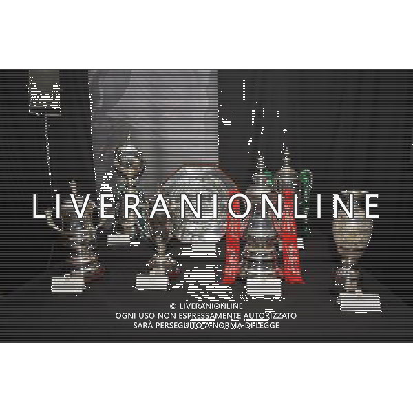 The Football Association\'s trophies, (L-R) FA Women\'s Cup, FA Trophy, FA Youth Cup, FA Community Shield, FA Cup, FA Vase and FA Sunday Cup are assembled together for The Football Association\'s 150th Anniversary Gala Dinner at the Grand Connaught Rooms in central London on October 26, 2013. The Football Association was founded 150 years ago on October 26, 1863. The event marks the day when a group of men representing a dozen London and suburban clubs met at the Freemason\'s Tavern in London, to draw up the rules of a sport that went on to become the most popular in the world. ©photoshot/AGENZIA ALDO LIVERANI SAS - ITALY ONLY - Cena di gala per celebrare il 150mo Anniversario della Federcalcio al Grand Connaught Rooms di Londra