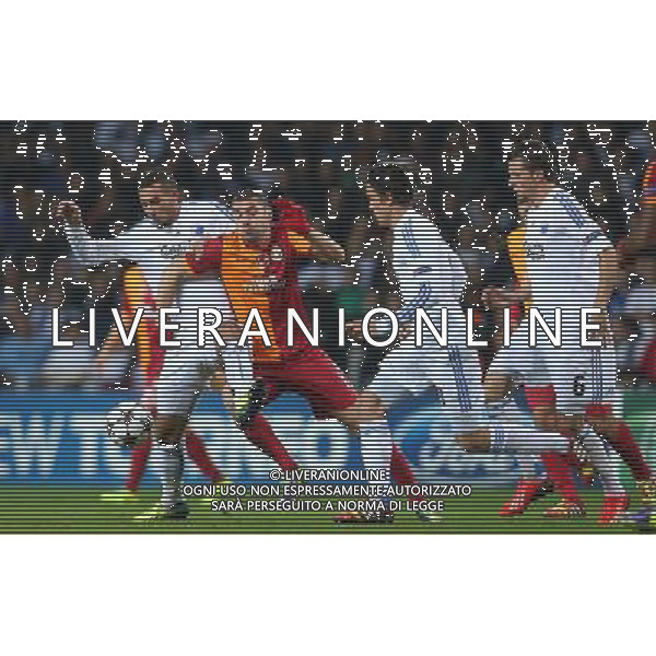UEFA Champions League group B match between FC Copenhagen and Galatasaray at Parken Stadium on November 05, 2013 in Copenhagen , Denmark. Pictured: Youssef Toutouh (L), Thomas Delaney (8) and Claudemir Domingues de Souza (6) of Copenhagen and Burak Yilmaz of Galatasaray. ©PHOTOSHOT/AGENZIA ALDO LIVERANI SAS - ITALY ONLY - EDITORIAL USE ONLY