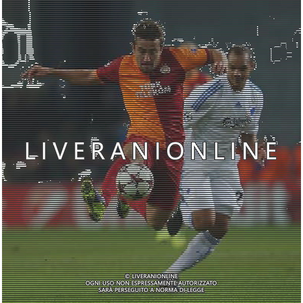 UEFA Champions League group B match between FC Copenhagen and Galatasaray at Parken Stadium on November 05, 2013 in Copenhagen , Denmark. Pictured: Aydin Yilmaz (L) of Galatasaray and Daniel Braaten of Copenhagen. ©PHOTOSHOT/AGENZIA ALDO LIVERANI SAS - ITALY ONLY - EDITORIAL USE ONLY
