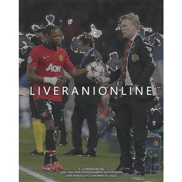 05.11.2013, Anoeta Stadion, San Sebastian, ESP, UEFA CL, Real Sociedad vs Manchester United, Gruppe A, im Bild Manchester United FC\'s coach David Moyes (r) and Patrice Evra // Manchester United FC\'s coach David Moyes (r) and Patrice Evra during UEFA Champions League group A match between Real Sociedad and Manchester United at the Anoeta Stadion in San Sebastian, Spain on 2013/11/06. *****ATTENTION - OUT of ESP, SUI***** ©PHOTOSHOT/AGENZIA ALDO LIVERANI SAS - ITALY ONLY - EDITORIAL USE ONLY