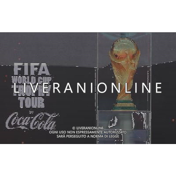 (131106) -- ILOPANGO, Nov. 6, 2013 () -- FIFA World Cup Trophy, is shown at the Ilopango\'s Airport of San Salvador, capital of El Salvador, on Nov. 5, 2013. The trophy will remain for two days in San Salvador, as a part of the FIFA World Cup Trophy Tour which began in Brazil on Sept. 12 and will conclude before the start of the FIFA World Cup Brazil 2014, after visiting 89 countries. (/Oscar Rivera) (rt) (sp) ©photoshot/AGENZIA ALDO LIVERANI SAS - ITALY ONLY - Il trofeo della coppa del mondo FIFA World Cup Trophy, all\'aeroporto del Ilopango di San Salvador, capitale di El Salvador, 5 Novembre 2013 dove rimarra\' per due giorni come parte del Tour che si concludera\' dopo aver visitato 89 paesi