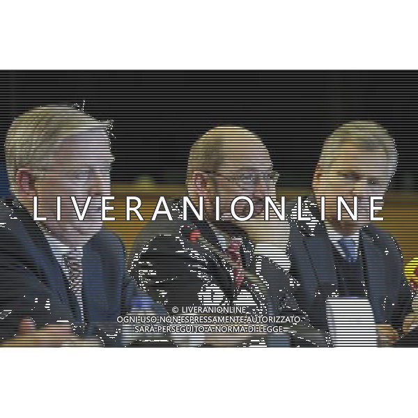 European Parliament President Martin Schulz, center, former European Parliament President Pat Cox, left, and former Polish President Aleksander Kwasniewski address the media on the findings of the European Parliament\'s monitoring mission to Ukraine, at the European Parliament in Brussels, Belgium on 13.11.2013 The mission extended till 28 November till Vilnus summit by Wiktor Dabkowski AG ALDO LIVERANI SAS ONLY ITALY