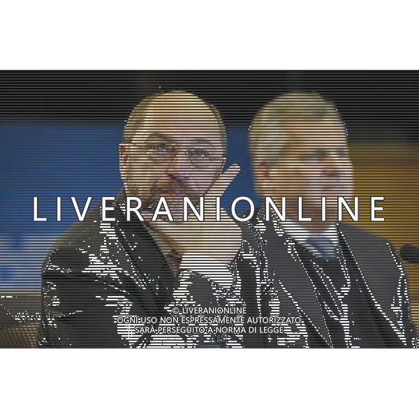 European Parliament President Martin Schulz, left, and former Polish President Aleksander Kwasniewski address the media on the findings of the European Parliament\'s monitoring mission to Ukraine, at the European Parliament in Brussels, Belgium on 13.11.2013 The mission extended till 28 November till Vilnus summit by Wiktor Dabkowski AG ALDO LIVERANI SAS ONLY ITALY