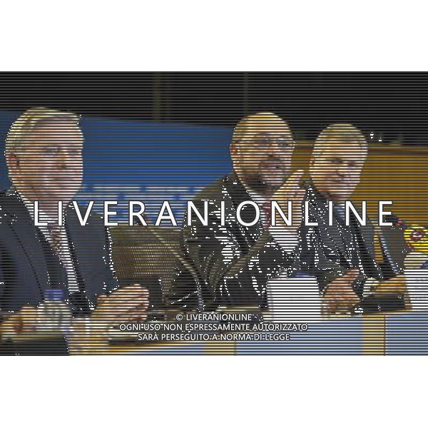 European Parliament President Martin Schulz, center, former European Parliament President Pat Cox, left, and former Polish President Aleksander Kwasniewski address the media on the findings of the European Parliament\'s monitoring mission to Ukraine, at the European Parliament in Brussels, Belgium on 13.11.2013 The mission extended till 28 November till Vilnus summit by Wiktor Dabkowski AG ALDO LIVERANI SAS ONLY ITALY