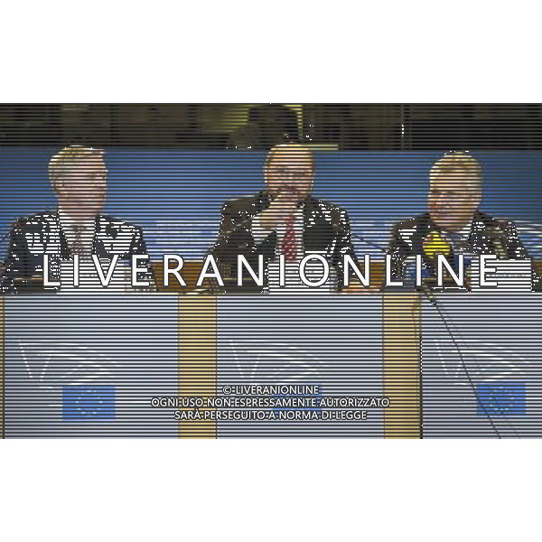 European Parliament President Martin Schulz, center, former European Parliament President Pat Cox, left, and former Polish President Aleksander Kwasniewski address the media on the findings of the European Parliament\'s monitoring mission to Ukraine, at the European Parliament in Brussels, Belgium on 13.11.2013 The mission extended till 28 November till Vilnus summit by Wiktor Dabkowski AG ALDO LIVERANI SAS ONLY ITALY