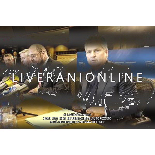 European Parliament President Martin Schulz, center, former European Parliament President Pat Cox, left, and former Polish President Aleksander Kwasniewski address the media on the findings of the European Parliament\'s monitoring mission to Ukraine, at the European Parliament in Brussels, Belgium on 13.11.2013 The mission extended till 28 November till Vilnus summit by Wiktor Dabkowski AG ALDO LIVERANI SAS ONLY ITALY