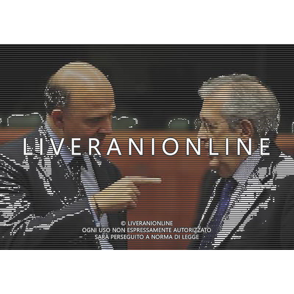 (131114) -- BRUSSELS, Nov 14, 2013 () -- French Economy, Finance and Foreign Trade Minister Pierre Moscovici (L) talks with his Italian counterpart Fabrizio Saccomanni prior to a Eurozone finance ministers meeting at the EU Headquarters in Brussels, Nov 14, 2013. The 17-nation eurozone economy grew just 0.1 percent in the third quarter after a gain of 0.3 percent in the previous quarter, the Eurostat data showed on Thursday. (/Ye Pingfan) ©photoshot/AGENZIA ALDO LIVERANI SAS - ITALY ONLY - EDITORIAL USE ONLY - Riunione mensile dei ministri delle finanze Ecofin dell\'Unione europea a Bruxelles, in Belgio 15 novembre 2013