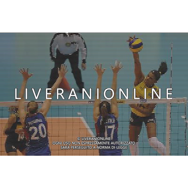 (131116) -- TOKYO, Nov. 16, 2013 () -- Fernanda Rodrigues (R) of Brazil spikes the ball during a match against Russia at the World Grand Champions Cup 2013 at the Tokyo Metropolitan Gymnasium in Tokyo, Japan, on Nov. 16, 2013. Brazil won 3-1. (/Stringer) ©photoshot/AGENZIA ALDO LIVERANI SAS - ITALY ONLY - BRASILE - RUSSIA PALLAVOLO World Grand Champions Cup 2013 al Tokyo Metropolitan Gymnasium di Tokyo, in Giappone, il 16 novembre 2013. Brasile ha vinto 3-1.