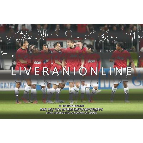 27.11.2013, BayArena, Leverkusen, GER, UEFA CL, Bayer Leverkusen vs Manchester United, Gruppe A, im Bild Manchester bejubelt das 0:2 durch ein Eigentor der Leverkusener, Torjubel / Jubel, Emotionen // during UEFA Champions League group A match between Bayer Leverkusen vs Manchester United at the BayArena in Leverkusen, Germany on 2013/11/27. EXPA Pictures © 2013, PhotoCredit: EXPA/ Eibner-Pressefoto/ Neis *****ATTENTION - OUT of GER***** ©photoshot/AGENZIA ALDO LIVERANI SAS - ITALY ONLY - EDITORIAL USE ONLY