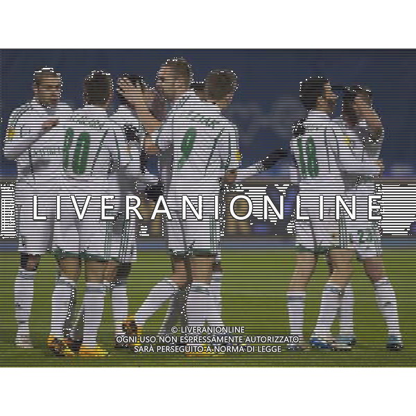 (131213) -- ZAGREB, December 13, 2013 () -- Ludogorets Razgrad players celebrate after scoring a goal against Dinamo Zagreb during UEFA Europa League Group B soccer match at the Maksimir Stadium in Zagreb, Croatia, December 12, 2013. Ludogorets Razgrad won 2-1. (/Miso Lisanin)(yt) AG ALDO LIVERANI SAS ONLY ITALY