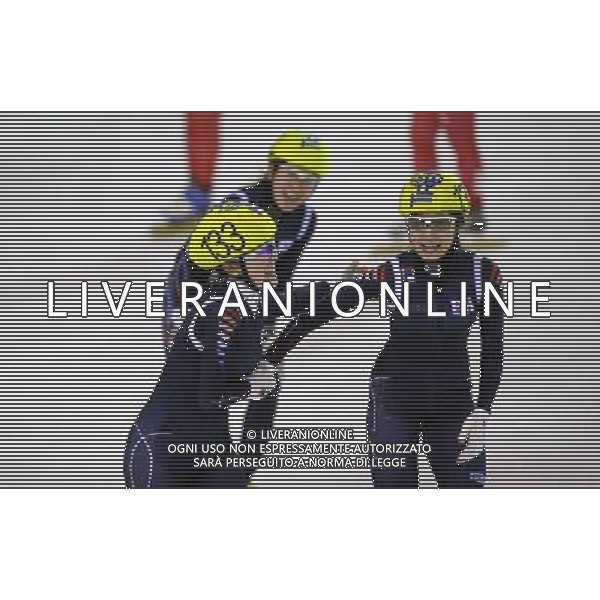 (131221) -- TRENTINO, Dec. 21, 2013 () -- South Korea\'s Lee Eunbyul (L) and Lee Soyoun (R) celebrate after the women\'s short track 3,000m relay final at the 26th Winter Universiade in Trentino, Italy, Dec. 20, 2013. South Korea claimed the title with 4 minutes and 15.946 seconds. (/Bai Xuefei) ©PHOTOSHOT/AGENZIA ALDO LIVERANI SAS - ITALY ONLY - EDITORIAL USE ONLY