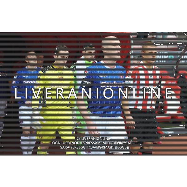 BOTH CAPTAINS SEAN O\'HANLON \' WES BROWN LEAD THEIR TEAMS OUT SUNDERLAND FC V CARLISLE UTD FC SUNDERLAND FC V CARLISLE UTD FC, FA CUP 3RD ROUND STADIUM OF LIGHT, SUNDERLAND, ENGLAND 05 January 2014 GAT77302 BARCLAYS PREMIER LEAGUE 05/01/14 WARNING! This Photograph May Only Be Used For Newspaper And/Or Magazine Editorial Purposes. May Not Be Used For Publications Involving 1 player, 1 Club Or 1 Competition Without Written Authorisation From Football DataCo Ltd. For Any Queries, Please Contact Football DataCo Ltd on +44 (0) 207 864 9121