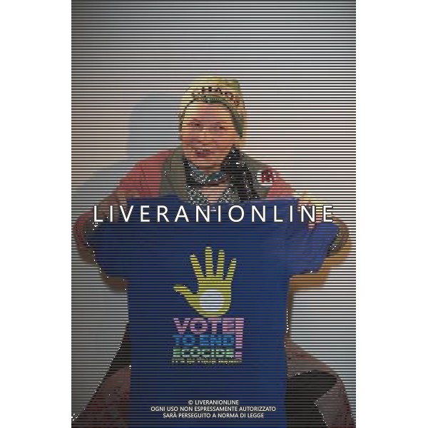 Vivienne Westwood holds press conference alongside End Ecocide in Europe director Prisca Merz to call for environmental destruction to be recognised as a crime on January 15, 2014 at HMS President in London, England. Follows Monday\'s announcement that Total will invest in shale gas in the UK, and comes ahead of a January 21 deadline to achieve one million signatures on an initiative to establish ecocide as a crime. AG ALDO LIVERANI SAS ONLY ITALY