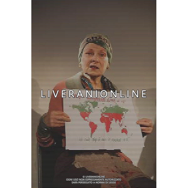 Vivienne Westwood holds press conference alongside End Ecocide in Europe director Prisca Merz to call for environmental destruction to be recognised as a crime on January 15, 2014 at HMS President in London, England. Follows Monday\'s announcement that Total will invest in shale gas in the UK, and comes ahead of a January 21 deadline to achieve one million signatures on an initiative to establish ecocide as a crime. AG ALDO LIVERANI SAS ONLY ITALY
