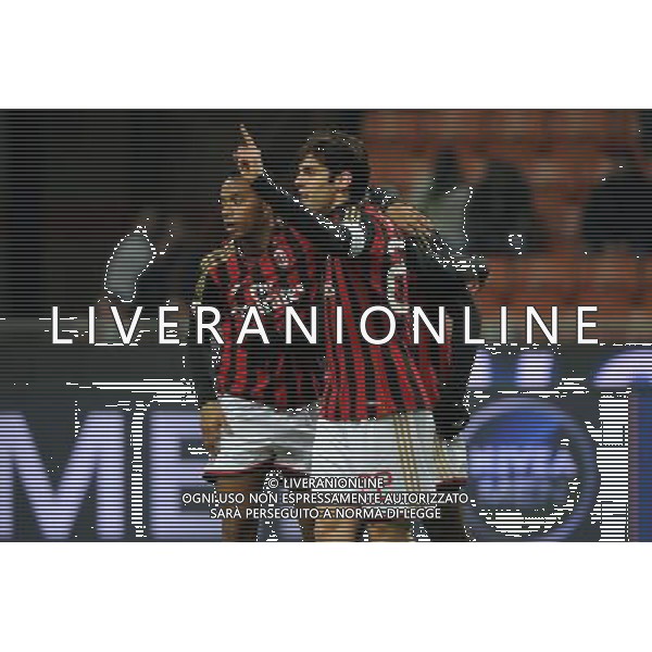 Milano 22-01-2014 TIM Cup - Coppa Italia quarti di finale Stadio Giuseppe Meazza - San Siro Milan - Udinese nella foto da SX Robson De Souza Robinho (Milan) e Ricardo Kaka\' (Milan) abbracciano Mario Balotelli (Milan) dopo un gol foto Roberto Garavaglia - ag. Aldo Liverani sas