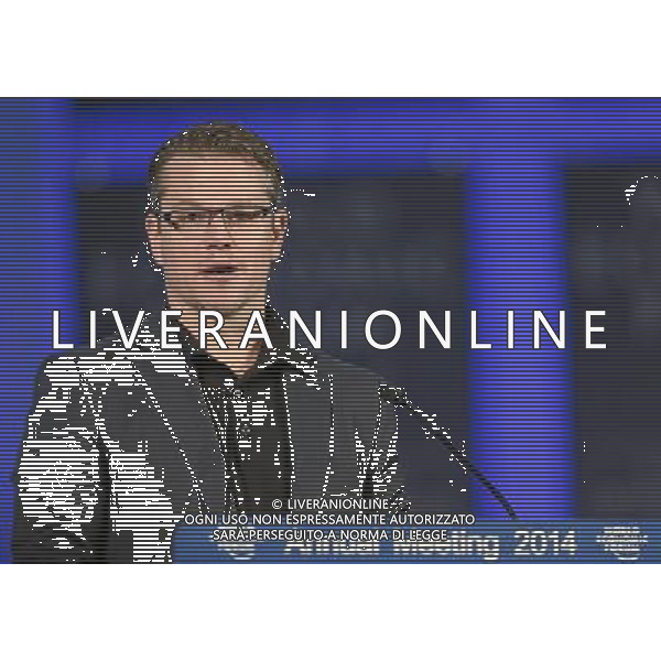 DAVOS/SWITZERLAND, 21JAN14 - Matt Damon, Actor and Co-Founder, Water.org, USA delivers his acceptance speech after receiving the crystal award from Hilde Schwab, Chairperson and Co-Founder, Schwab Foundation for Social Entrepreneurship, Switzerland during the \'Crystal Awards Ceremony\' at the Annual Meeting 2014 of the World Economic Forum at the congress centre in Davos, January 21, 2014. WORLD ECONOMIC FORUM/swiss-image.ch/Photo Moritz Hager Â©Photoshot/Ag. Aldo Liverani s.a.s.-Only Italy-Editorial Use Only
