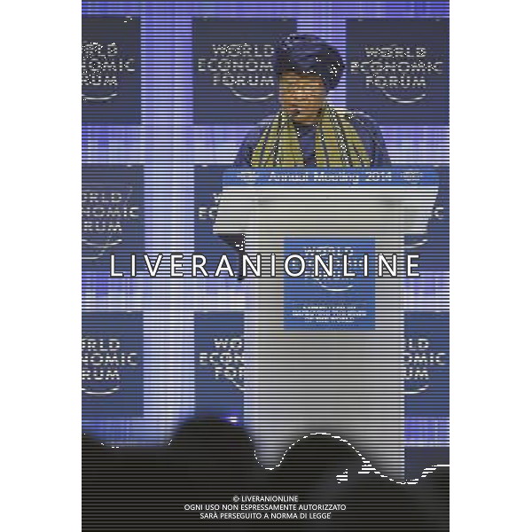 DAVOS/SWITZERLAND, 22JAN14 - Ellen Johnson-Sirleaf, President of the Republic of Liberia addresses the audience during the session \'Reshaping the World through Entrepreneurship, Education and Employment\' at the Annual Meeting 2014 of the World Economic Forum at the congress centre in Davos, January 22, 2014. WORLD ECONOMIC FORUM/swiss-image.ch/Photo Nicola Pitaro Â©Photoshot/Ag. Aldo Liverani s.a.s.-Only Italy-Editorial Use Only
