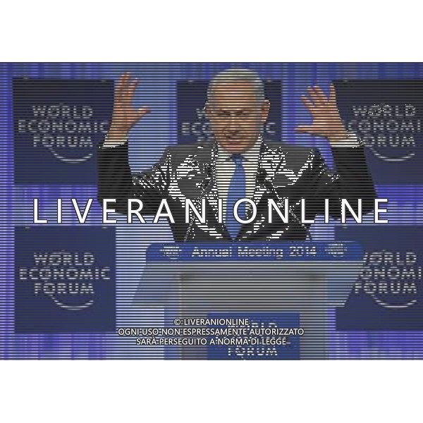 Benjamin Netanyahu, Prime Minister of Israel gestures during the plenary session \'Israel\'s Economic and Political Outlook\' at the Annual Meeting 2014 of the World Economic Forum at the Congress Centre in Davos, January 23, 2014. WORLD ECONOMIC FORUM/swiss-image.ch/Photo RÈmy Steinegger ©Photoshot/Ag. Aldo Liverani s.a.s.-Only Italy-Editorial Use Only