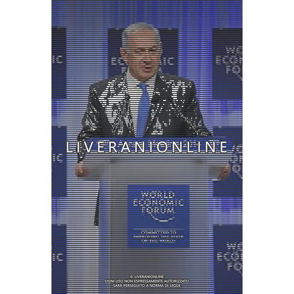 Benjamin Netanyahu, Prime Minister of Israel speaks during the plenary session \'Israel\'s Economic and Political Outlook\' at the Annual Meeting 2014 of the World Economic Forum at the Congress Centre in Davos, January 23, 2014. WORLD ECONOMIC FORUM/swiss-image.ch/Photo RÈmy Steinegger ©Photoshot/Ag. Aldo Liverani s.a.s.-Only Italy-Editorial Use Only