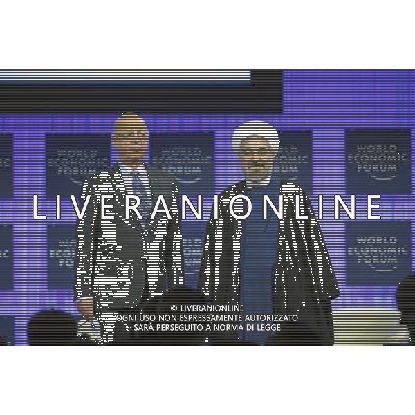 Hassan Rouhani (R) President of the Islamic Republic of Iran and Klaus Schwab, Founder and Executive Chairman, World Economic Forum are captured during the session \'Iran in the World\' at the Annual Meeting 2014 of the World Economic Forum at the congress centre in Davos, January 23, 2014. WORLD ECONOMIC FORUM/swiss-image.ch/Photo RÈmy Steinegger ©Photoshot/Ag. Aldo Liverani s.a.s.-Only Italy-Editorial Use Only
