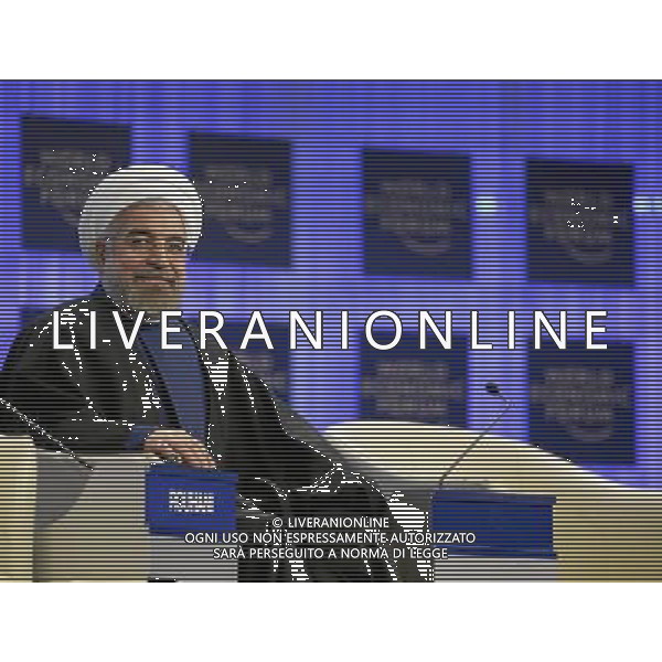 Hassan Rouhani, President of the Islamic Republic of Iran smiles during the session \'Iran in the World\' at the Annual Meeting 2014 of the World Economic Forum at the congress centre in Davos, January 23, 2014. WORLD ECONOMIC FORUM/swiss-image.ch/Photo Nicola Pitaro ©Photoshot/Ag. Aldo Liverani s.a.s.-Only Italy-Editorial Use Only