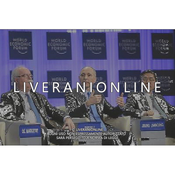 (FLTR) Christophe de Margerie, Chairman and Chief Executive Officer, Total, France; Co-Chair of the World Economic Forum Annual Meeting 2014, Joseph Jimenez, Chief Executive Officer, Novartis, Switzerland; Co-Chair of the World Economic Forum Annual Meeting 2014 and Jiang Jianqing, Chairman of the Board, Industrial and Commercial Bank of China, People\'s Republic of China; Co-Chair of the World Economic Forum Annual Meeting 2014 are seen during the session \'The Global Agenda 2014\' at the Annual Meeting 2014 of the World Economic Forum at the congress centre in Davos, January 25, 2014. WORLD ECONOMIC FORUM/swiss-image.ch/Photo Remy Steinegger AG ALDO LIVERANI SAS ONLY ITALY