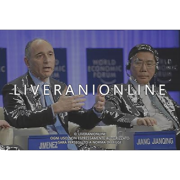 Joseph Jimenez (L), Chief Executive Officer, Novartis, Switzerland; Co-Chair of the World Economic Forum Annual Meeting 2014 and Jiang Jianqing (R), Chairman of the Board, Industrial and Commercial Bank of China, People\'s Republic of China; Co-Chair of the World Economic Forum Annual Meeting 2014 are seen during the session \'The Global Agenda 2014\' at the Annual Meeting 2014 of the World Economic Forum at the congress centre in Davos, January 25, 2014. WORLD ECONOMIC FORUM/swiss-image.ch/Photo Remy Steinegger AG ALDO LIVERANI SAS ONLY ITALY