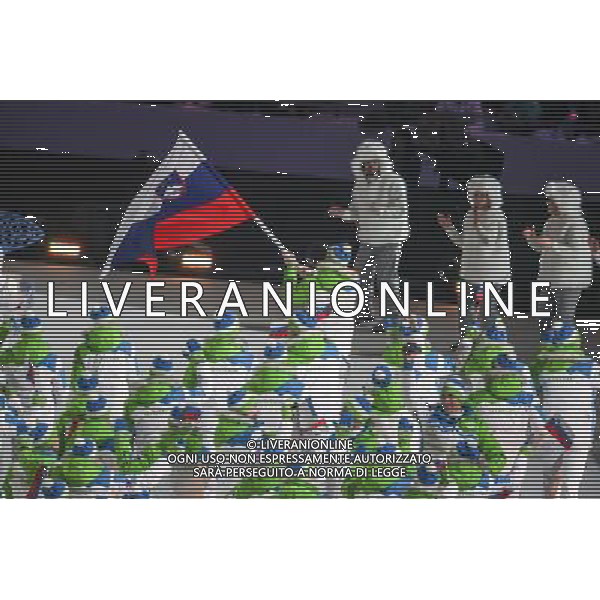 07.02.2014, Olympiastadion Fischt, Adler, RUS, Sochi 2014, ErÃ¶ffnungsfeier der XXII. Olympischen Winterspiele, im Bild Team Slowenien mit Fahnentraeger Tomaz Razingar // Team Slovenia with flag bearer Tomaz Razingar during the Opening Ceremony of the Olympic Winter Games Sochi 2014 at the Fisht Olympic Stadium in Adler, Russia on 2014/02/07. EXPA Pictures Â© 2014, PhotoCredit: EXPA/ Johann Groder Â©PHOTOSHOT/AGENZIA ALDO LIVERANI SAS - ITALY ONLY - Cerimonia di apertura dei 22mi Giochi Olimpici Invernali Olimpiadi di Sochi, Russia 7 febbraio 2014