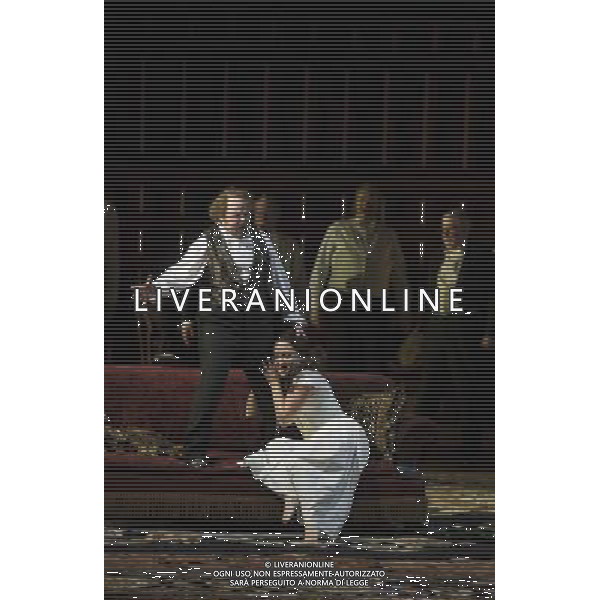 Verdi\'s Rigoletto, directed by Christopher Alden, A tragic tale of passion, revenge and sacrifice, Verdi’s masterpiece follows the story of the lowly jester Rigoletto, the daughter he loves and the Duke he serves. The members of the cast includes Rigoletto - Quinn Kelsey, Duke of Mantua - Barry Banks, Gilda - Anna Christy, Sparafucile - Peter Rose / Matthew Trevino, Maddalena - Justina Gringyte, Monterone - David Stout, Marullo- George Humphreys, Borsa - Anthony Gregory, Ceprano - Barnaby Rea and Giovanna - Diana Montague London Coliseum. London : Duke of Mantua - Barry Banks and Gilda (Rigoletto\'s daughter) - Anna Christy AG ALDOLIVERANI SAS ONLY ITALY