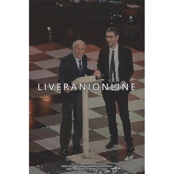 Festival di Sanremo Nella foto: Tito Stagno con fabio fazio Prima Serata 64mo Festival della Canzone Italiana di Sanremo 18 febbraio 2014 ©gazzaniga/AGENZIA ALDO LIVERANI SAS