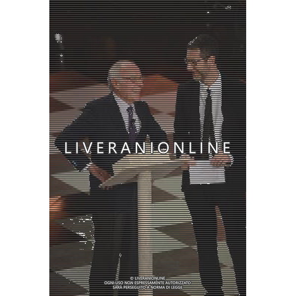 Festival di Sanremo Nella foto: Tito Stagno con fabio fazio Prima Serata 64mo Festival della Canzone Italiana di Sanremo 18 febbraio 2014 ©gazzaniga/AGENZIA ALDO LIVERANI SAS