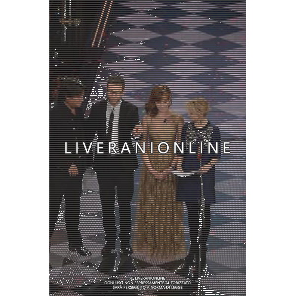 Festival di Sanremo Nella foto: Cristiana Capotondi con cristiano De Andre\', Fabio fazio e luciana littizzetto Prima Serata 64mo Festival della Canzone Italiana di Sanremo 18 febbraio 2014 ©gazzaniga/AGENZIA ALDO LIVERANI SAS