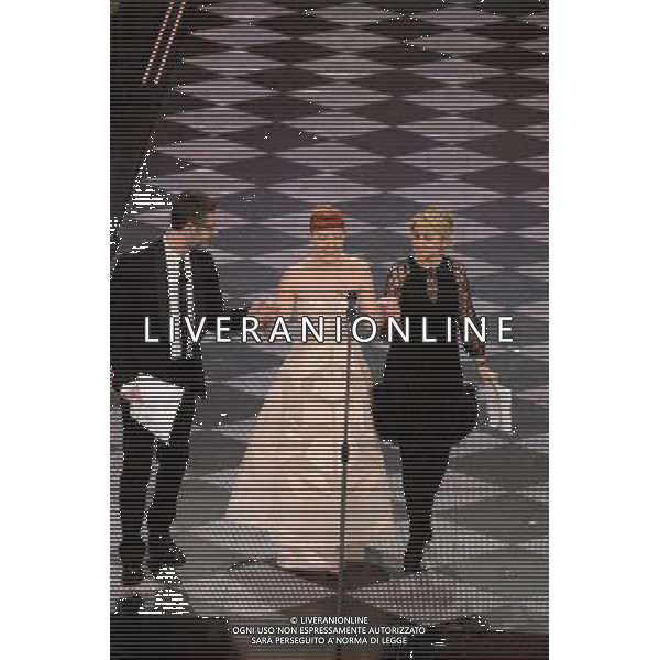 Seconda Serata 64mo Festival della Canzone Italiana di Sanremo 19 febbraio 2014 Nella foto: Noemi con luciana littizzetto e fabio fazio ©gazzaniga/AGENZIA ALDO LIVERANI SAS