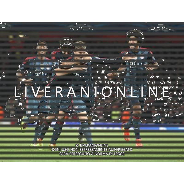 Bayern Munich\'s Toni Kroos celebrates scoring his sides first goal Photo by Kieran Galvin/CameraSport Football - UEFA Champions League First Knockout Round - Arsenal v Bayern Munich - Wednesday 19th February 2014 - Emirates Stadium - London © CameraSport - 43 Linden Ave. Countesthorpe. Leicester. England. LE8 5PG - Tel: +44 (0) 116 277 4147 - admin@camerasport.com - www.camerasport.com AG ALDO LIVERANI SAS ONLY ITALY