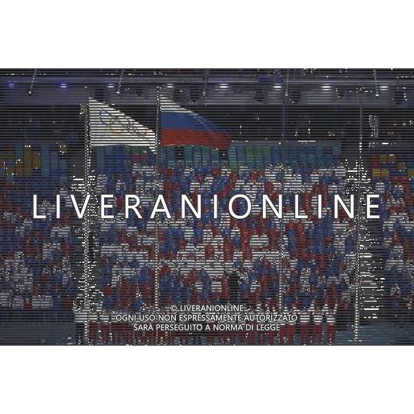 (140223) -- SOCHI, Feb. 23, 2014 () -- Russia national flag is raised in the stadium at the closing ceremony for the 22nd Winter Olympic Games in Sochi, Russia, Feb. 23, 2014. (/Wang Lili) ©photoshot/AGENZIA ALDO LIVERANI SAS - ITALY ONLY - Cerimonia di chiusura dei 22mi Giochi Olimpici Invernali Olimpiadi di Sochi, Russia 23 febbraio 2014