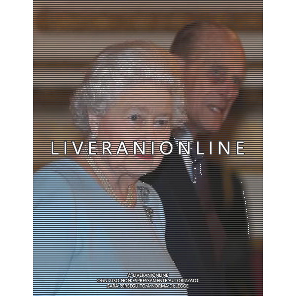 LONDON, ENGLAND - FEBRUARY 27: Queen Elizabeth II and Prince Phillip, Duke of Edinburgh prepare to present awards for the Queen\'s Anniversary Prizes for Higher and Further Education at Buckingham Palace on February 27, 2014 in London, England. AG ALDO LIVERANI SAS ONLY ITALY