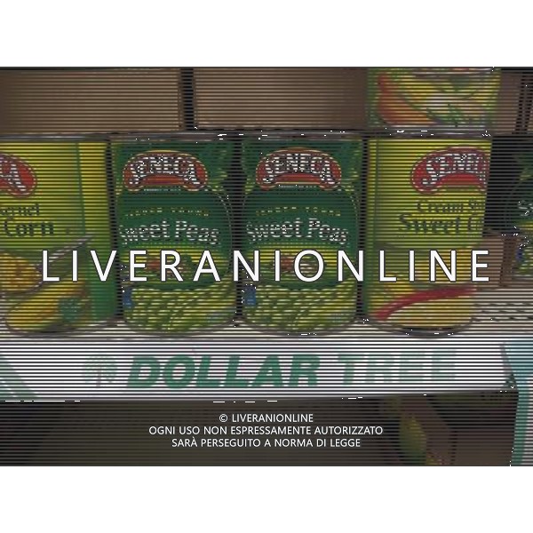 Canned goods on the shelf of a Dollar Tree store in the Staten Island borough of New York is seen on Saturday, March 7, 2009. Dollar Tree Inc. reported almost an 7 percent decrease in its fourth quarter net income citing bad weather and a very short holiday selling season. The results fell short of analysts\' expectations. ©PHOTOSHOT/AGENZIA ALDO LIVERANI SAS - ITALY ONLY - EDITORIAL USE ONLY