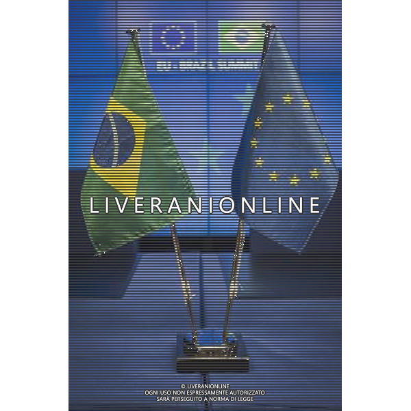 Brasilian and European flags seen during press conference at the end of an EU-Brazil summit in Brussels, Belgium on 24.02.2014 by Wiktor Dabkowski ©photoshot/AGENZIA ALDO LIVERANI SAS - ITALY ONLY - Conferenza stampa del Consiglio europeo al termine di un vertice UE-Brasile a Bruxelles, in Belgio 24 febbraio 2014