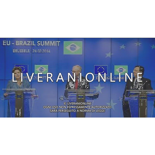 (L-R) Brazil\'s President Dilma Rousseff, Herman Van Rompuy , the president of the European Council and Jose Manuel Barroso, the president of the European Commission hold press conference at the end of an EU-Brazil summit in Brussels, Belgium on 24.02.2014 by Wiktor Dabkowski ©photoshot/AGENZIA ALDO LIVERANI SAS - ITALY ONLY - Conferenza stampa del Consiglio europeo al termine di un vertice UE-Brasile a Bruxelles, in Belgio 24 febbraio 2014